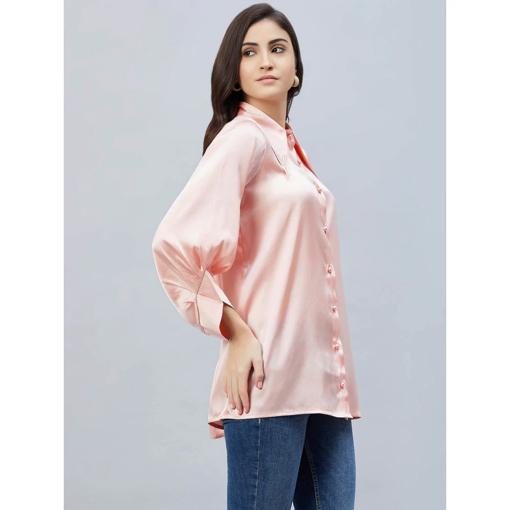 First Resort by Ramola Bachchan Pink Long Collar Embellished Satin Shirt - Image 6