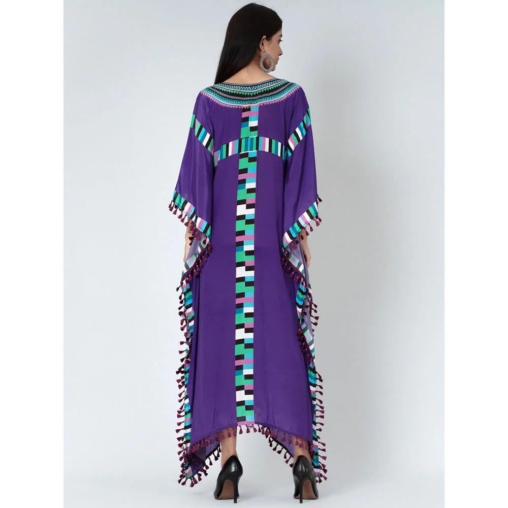 First Resort by Ramola Bachchan Purple Geometric Mid Length Kaftan With Lace - Image 4
