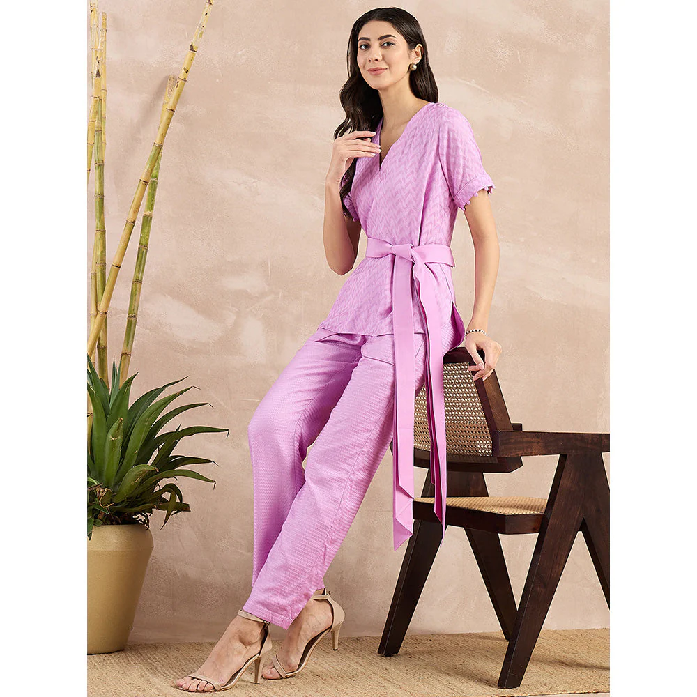 First Resort by Ramola Bachchan Purple Herringbone High-Low Top With Belt (Set of 2) - Image 6