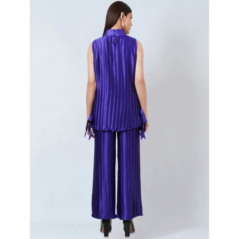 First Resort by Ramola Bachchan Purple Sleeveless Turtle Neck Box Pleated Top - Image 6