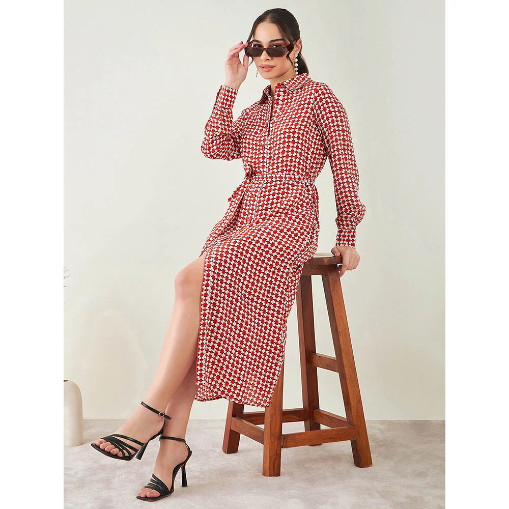 First Resort by Ramola Bachchan Red and White Geometric Print Dress with Belt (Set of 2) - Image 8