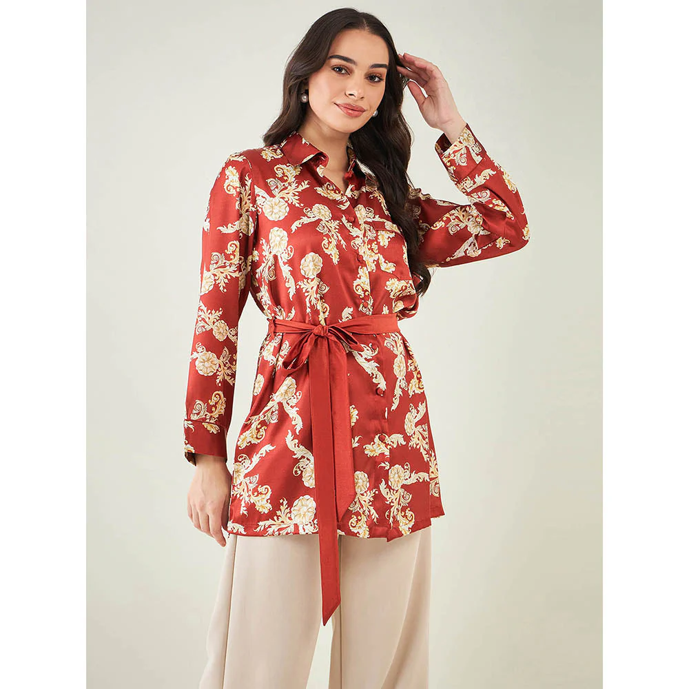First Resort by Ramola Bachchan Red Baroque Print Shirt with Belt (Set of 2) - Image 4