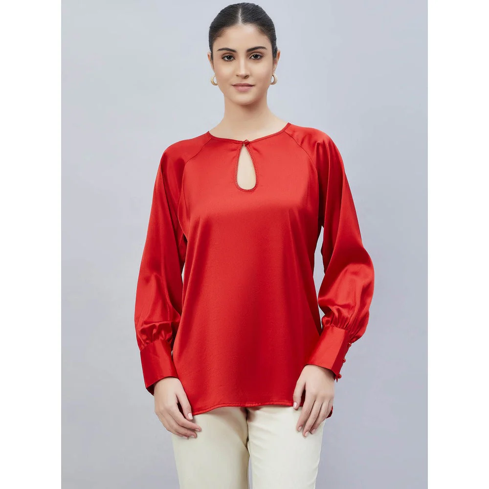 First Resort by Ramola Bachchan Red Keyhole Solid Satin Shirt - Image 4