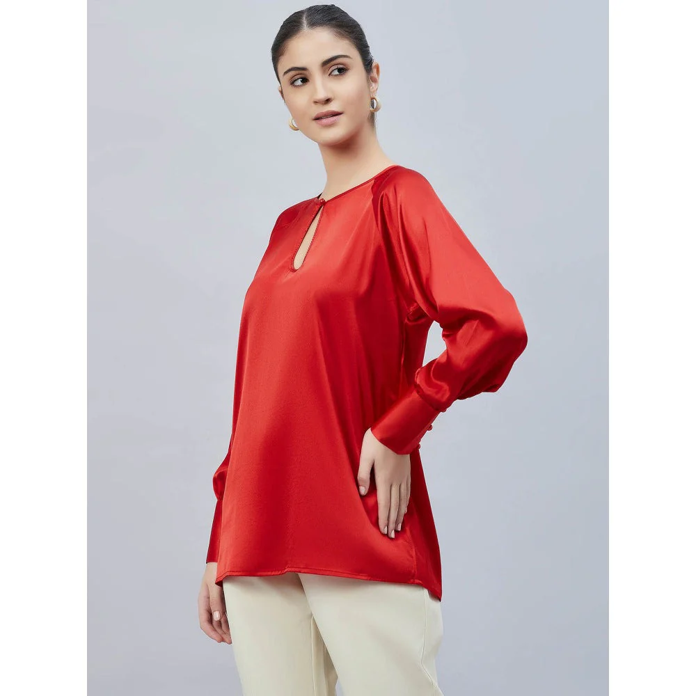 First Resort by Ramola Bachchan Red Keyhole Solid Satin Shirt - Image 5