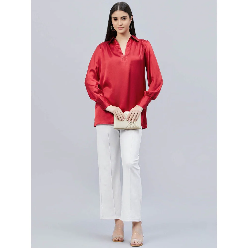 First Resort by Ramola Bachchan Red V-Neck Gathered Embellished Satin Shirt - Image 2