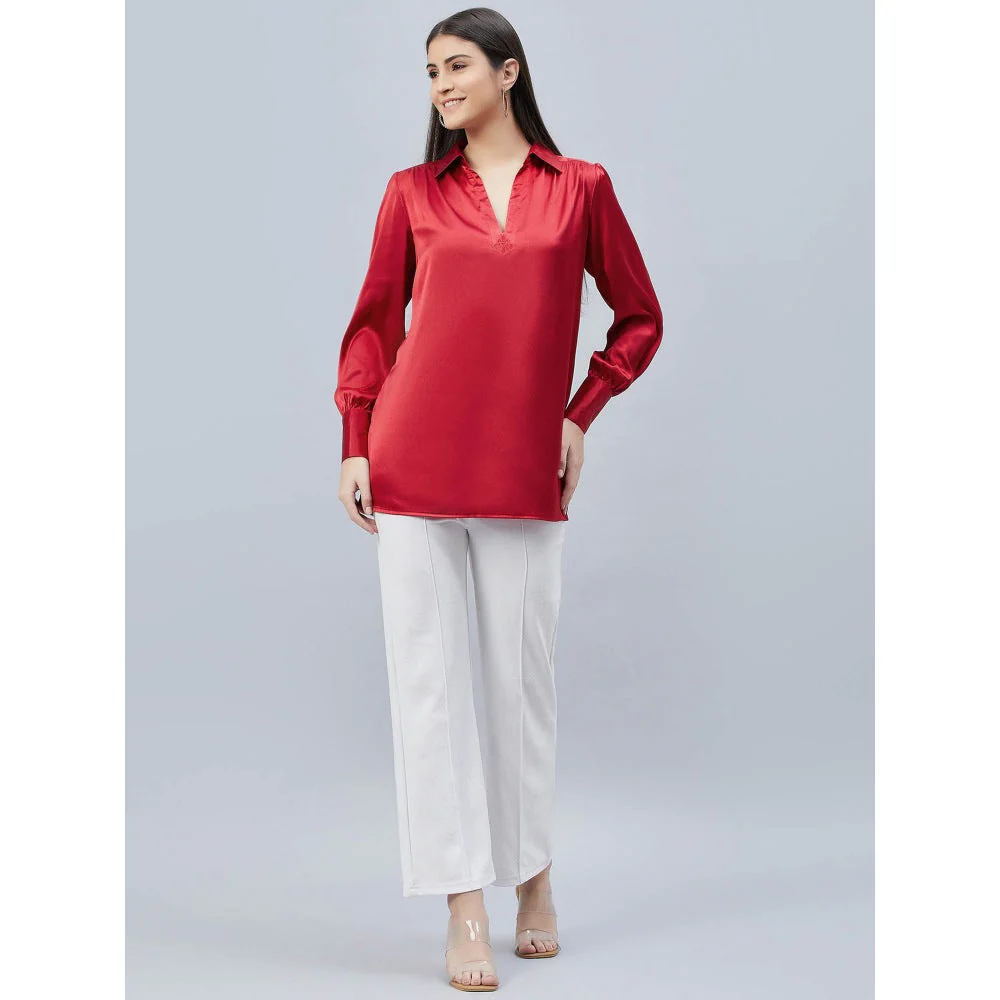 First Resort by Ramola Bachchan Red V-Neck Gathered Embellished Satin Shirt - Image 3