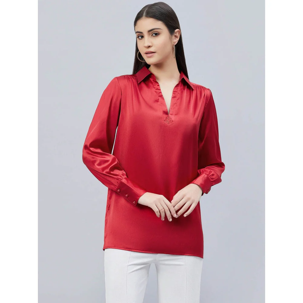 First Resort by Ramola Bachchan Red V-Neck Gathered Embellished Satin Shirt - Image 4