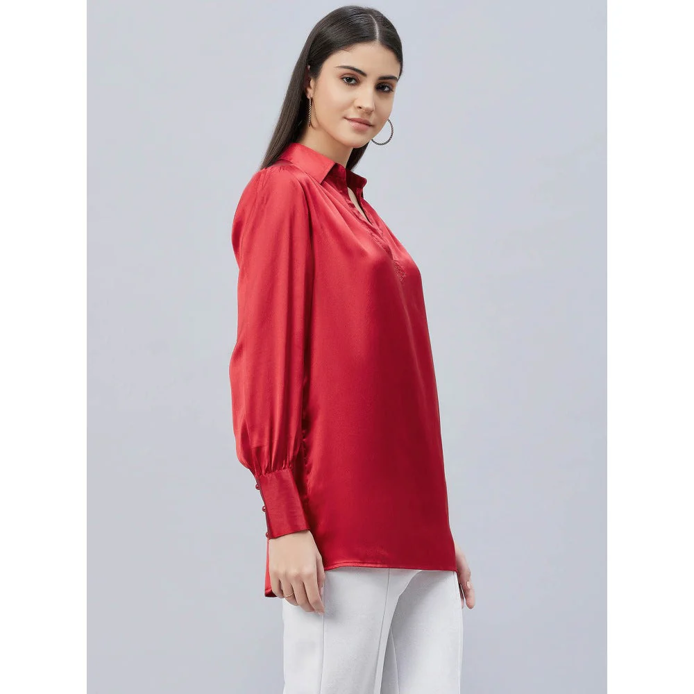 First Resort by Ramola Bachchan Red V-Neck Gathered Embellished Satin Shirt - Image 6