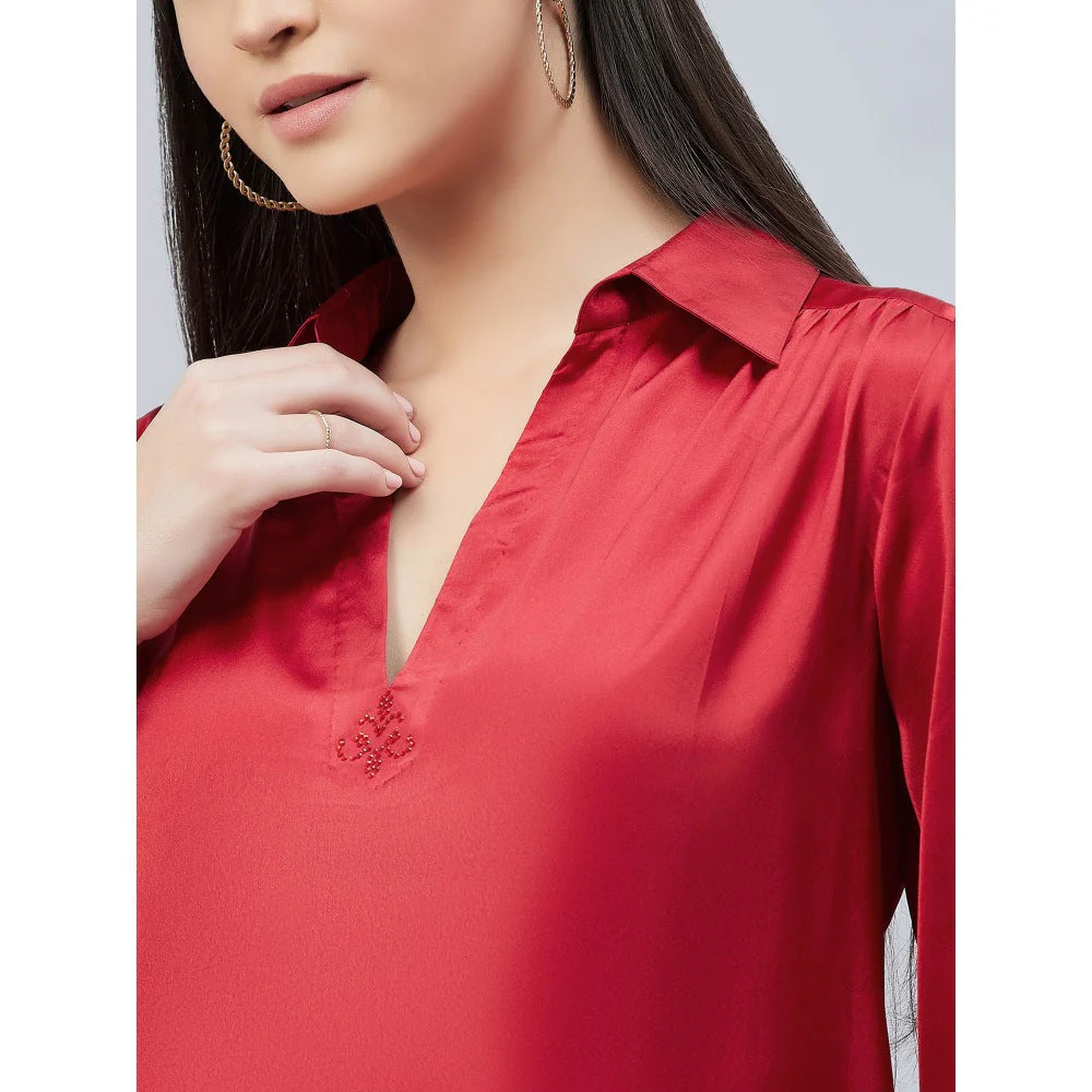 First Resort by Ramola Bachchan Red V-Neck Gathered Embellished Satin Shirt - Image 8