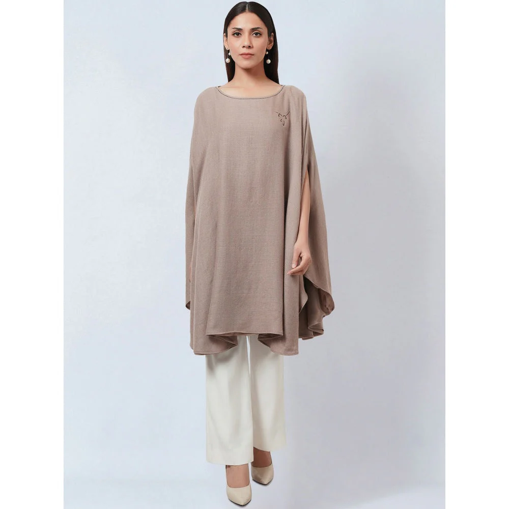 First Resort by Ramola Bachchan Taupe Embellished Long Cashmere Poncho - Image 2