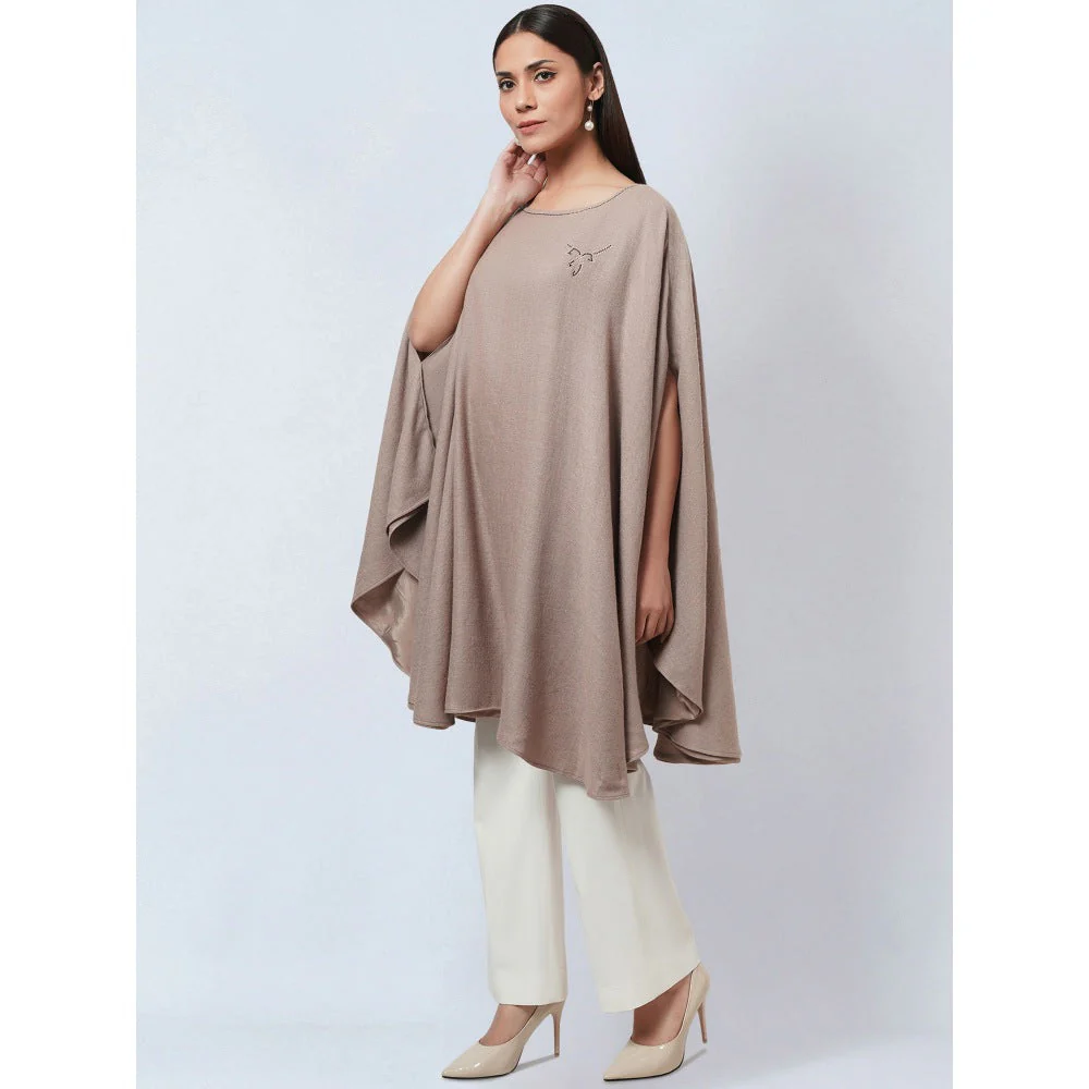 First Resort by Ramola Bachchan Taupe Embellished Long Cashmere Poncho - Image 3