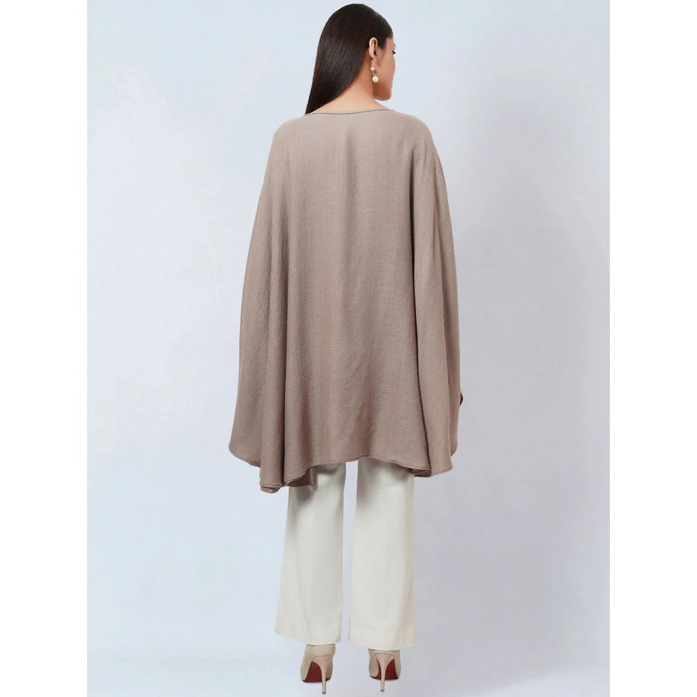 First Resort by Ramola Bachchan Taupe Embellished Long Cashmere Poncho - Image 6