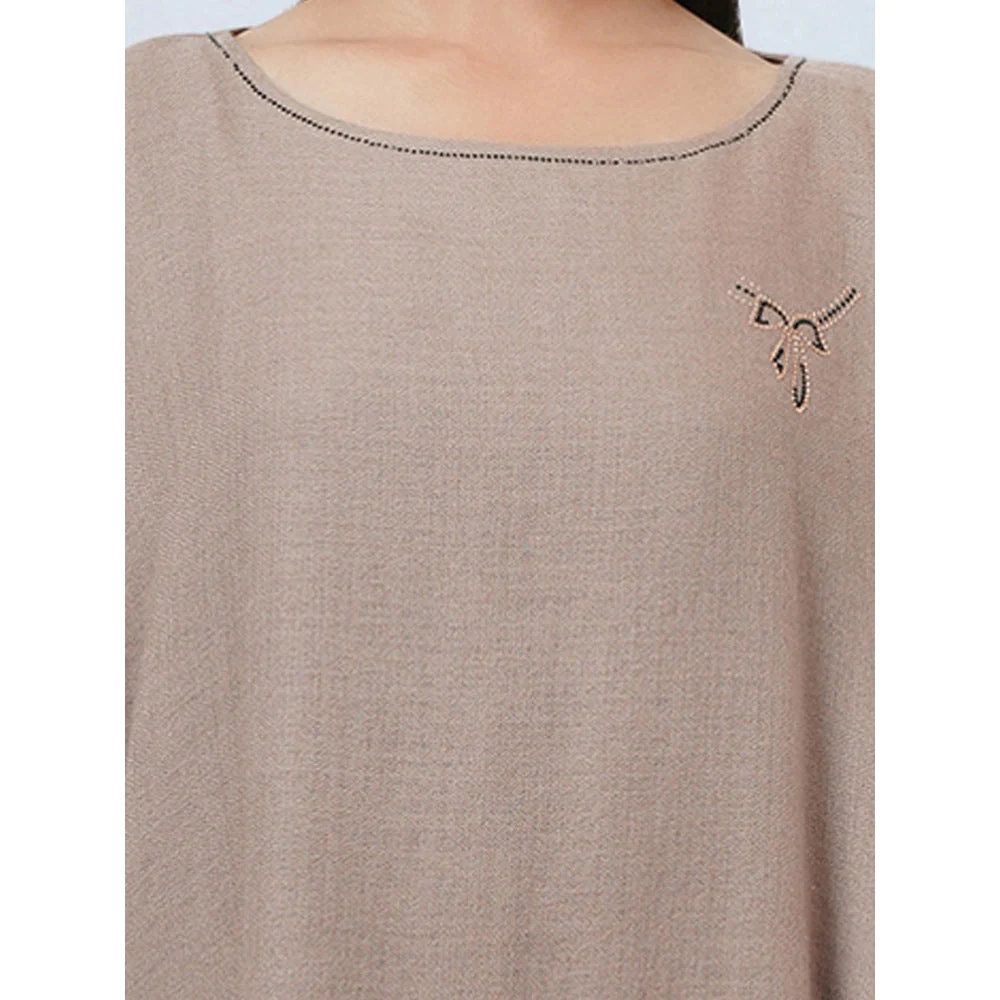 First Resort by Ramola Bachchan Taupe Embellished Long Cashmere Poncho - Image 7