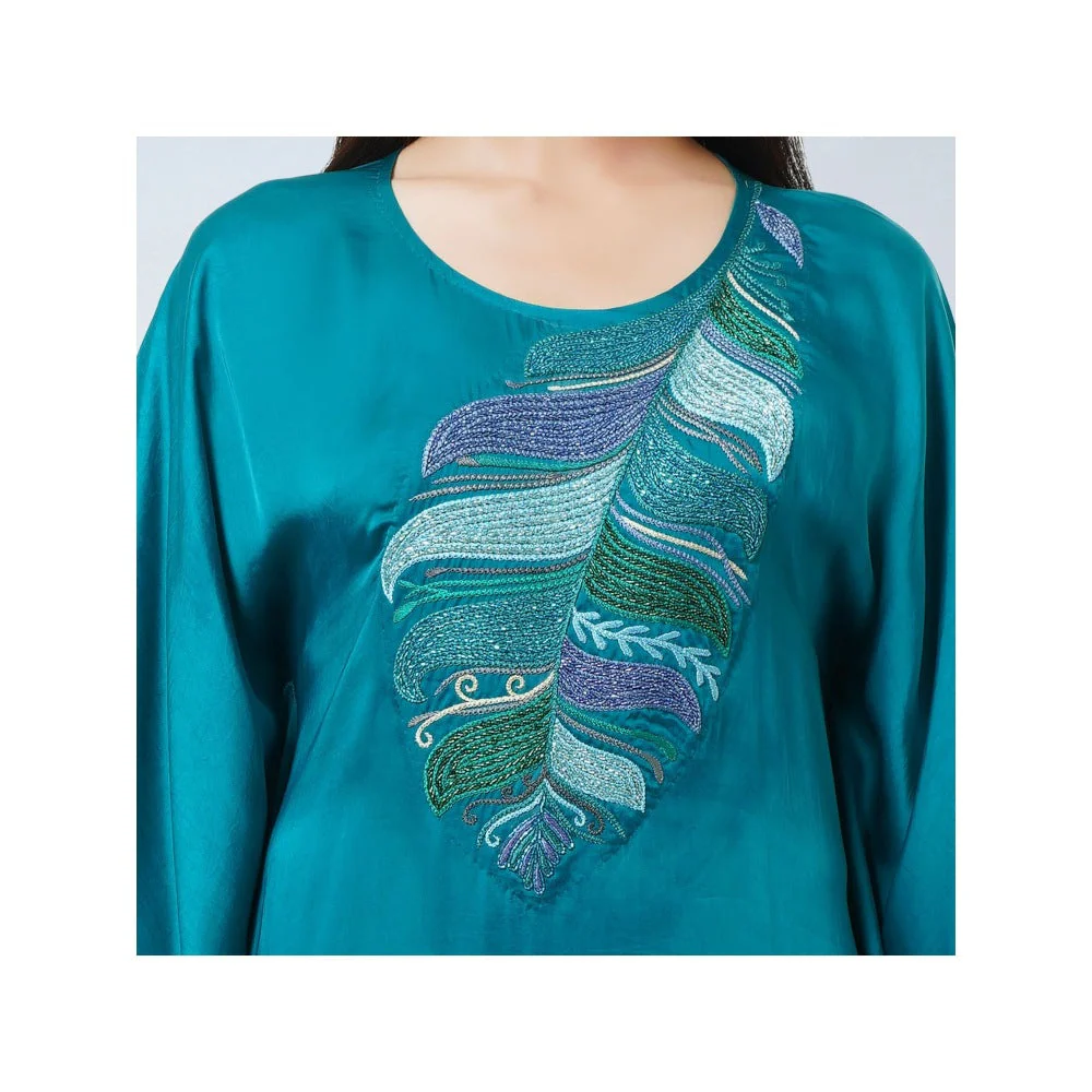 First Resort by Ramola Bachchan Teal Embroidered Flared Sleeves Kaftan Dress - Image 8