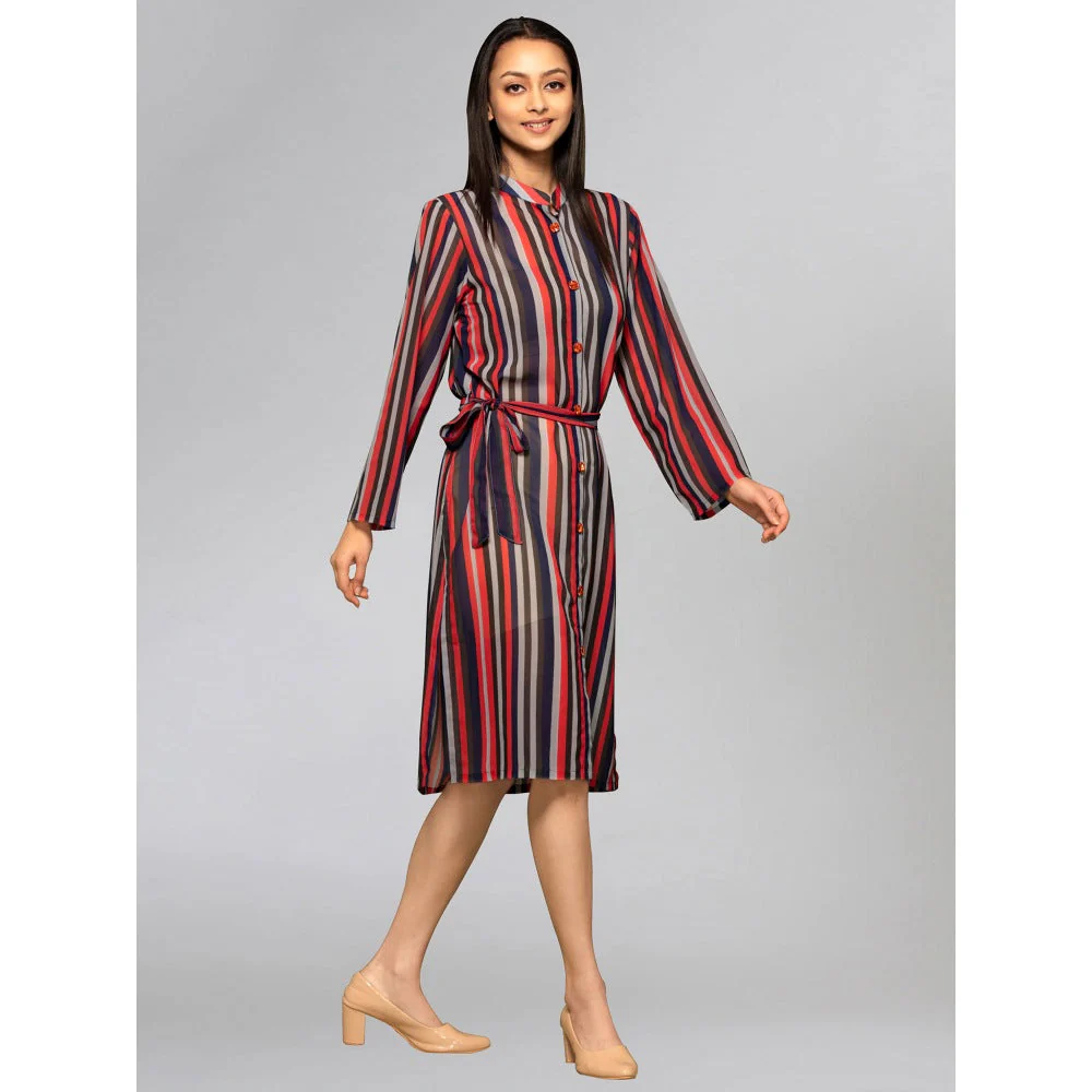 First Resort by Ramola Bachchan Vibrant Red and Black Striped Shirt Dress (Set of 2) - Image 4