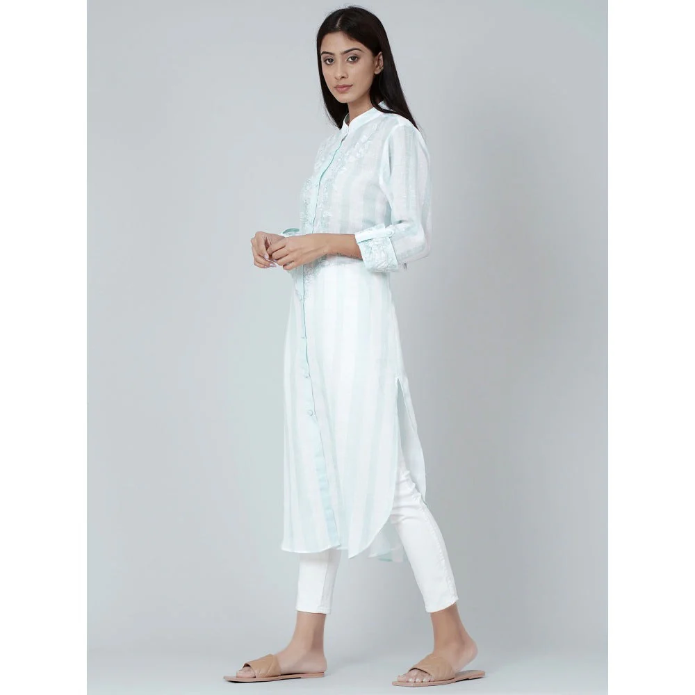 First Resort by Ramola Bachchan White And Green Embroidered Shirt Style Kurta - Image 3