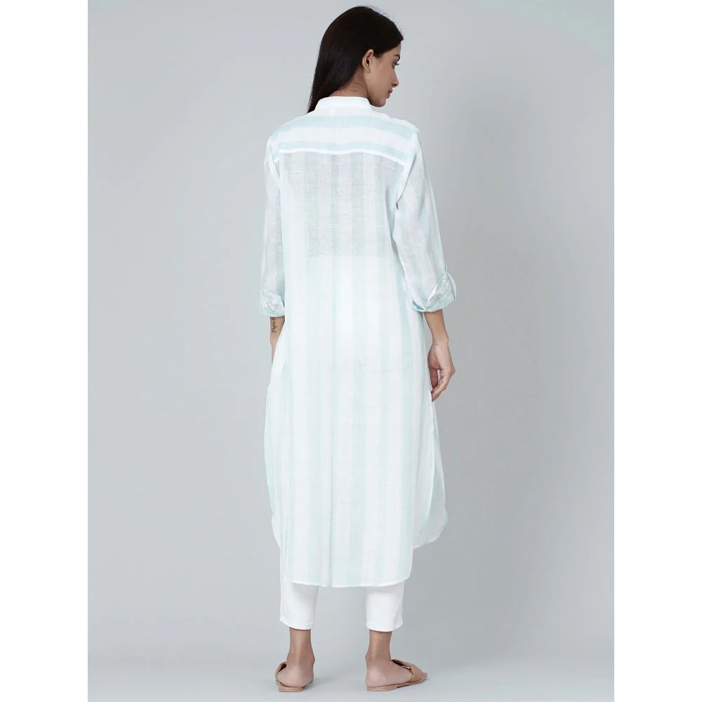 First Resort by Ramola Bachchan White And Green Embroidered Shirt Style Kurta - Image 4