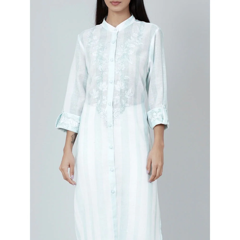 First Resort by Ramola Bachchan White And Green Embroidered Shirt Style Kurta - Image 5