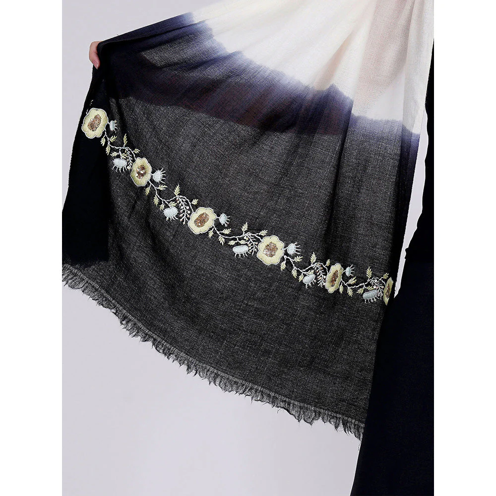 First Resort by Ramola Bachchan White And Navy Blue Hand Embroidered Colour Block Scarf - Image 3