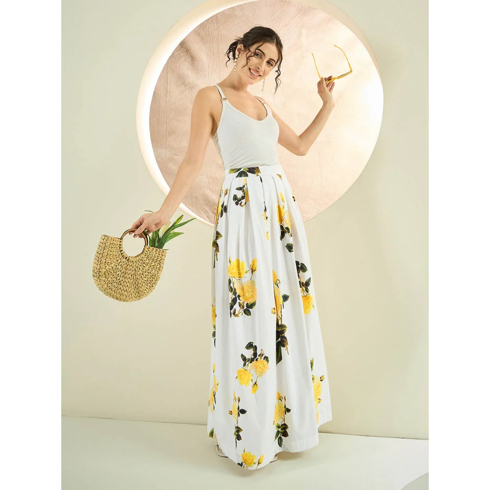 First Resort by Ramola Bachchan White And Yellow Floral Long Skirt - Image 6