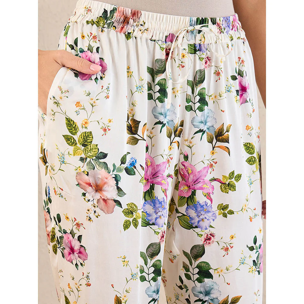 First Resort by Ramola Bachchan White & Pink Garden Print Straight Pant - Image 5