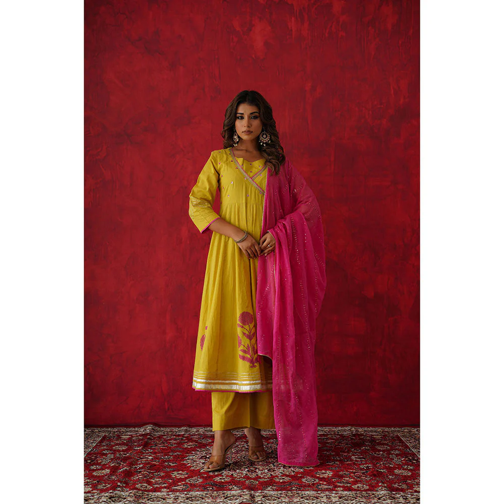 GANGA GRACE Women Cotton Embroidered Yellow Angrakha Kurta with Pant and Dupatta - Image 5