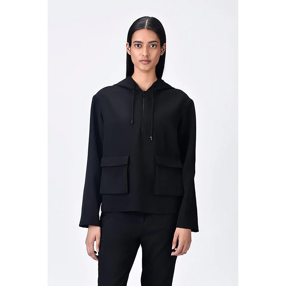 Genes Lecoanet Hemant Black Banana Crepe Relaxed Fit Hoodie With Front Pockets - Image 6