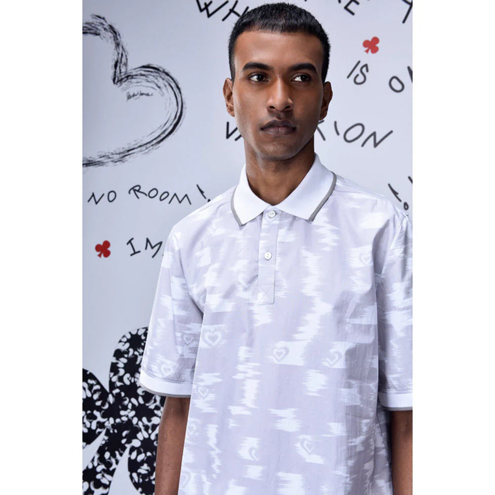Genes Lecoanet Hemant Ikkat Print Polo T-Shirt- Pearl Grey - Image 4