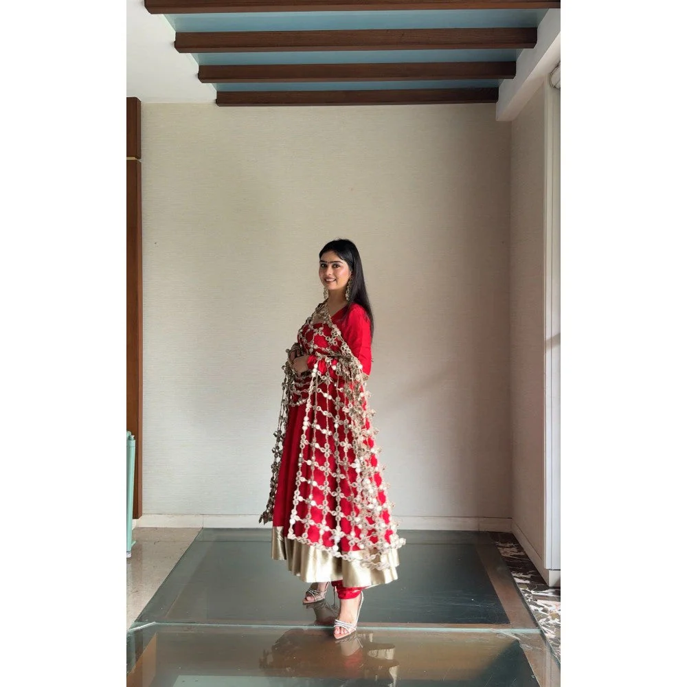 Glamique by Gungun Red Sheesh Mahal Anarkali with Churidar and Dupatta - Image 2