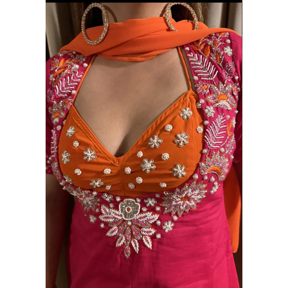 Glamique by Gungun Women Pink High Low Kurti with Pant and Dupatta (Set of 3) - Image 3