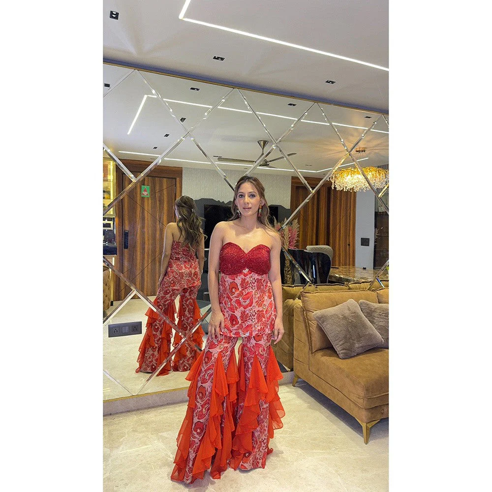 Glamique by Gungun Women Red Ruffle Top with Sharara and Dupatta (Set of 3) - Image 2