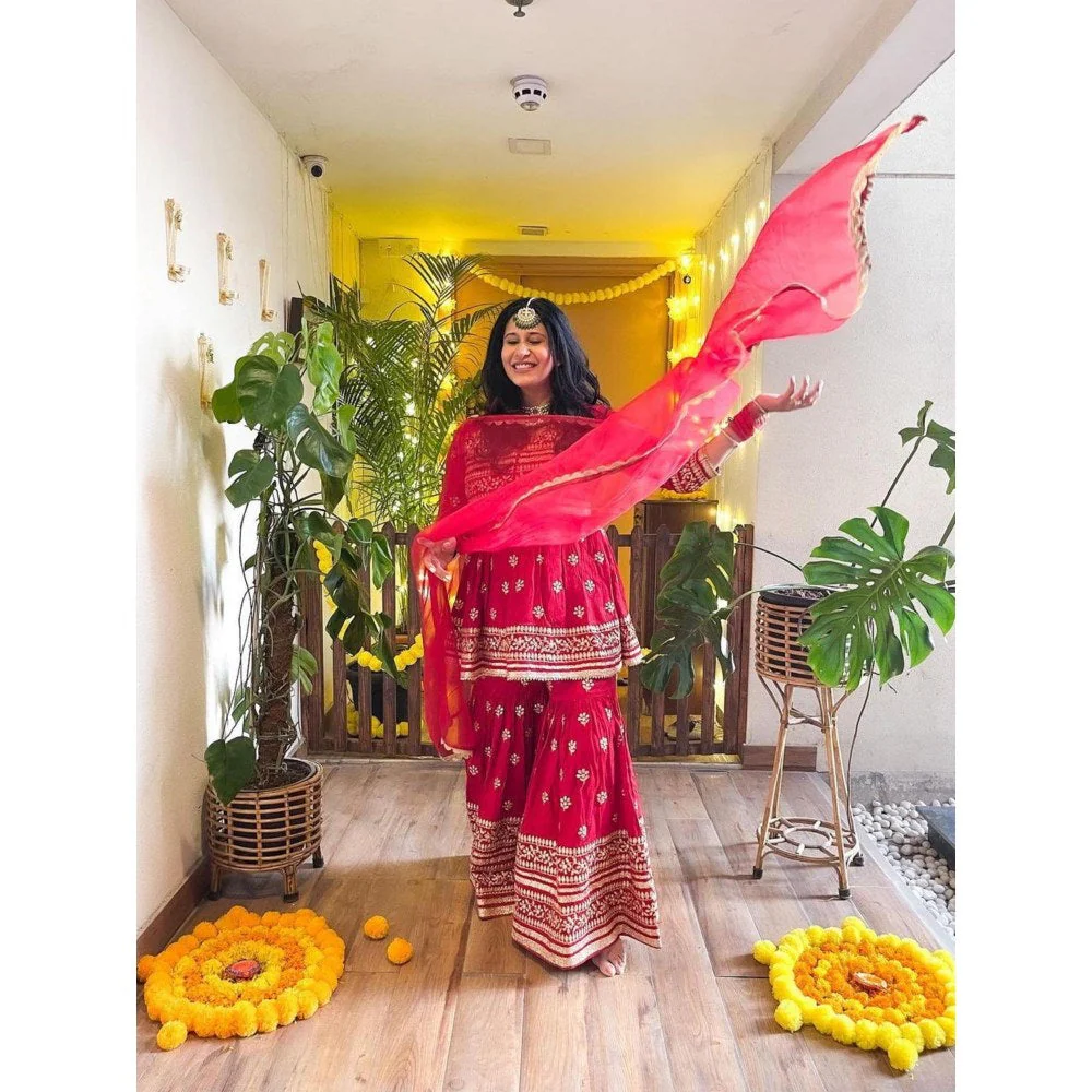 Gopi Vaid Marigold Red Embroidered Kurta with Sharara and Dupatta - Image 2