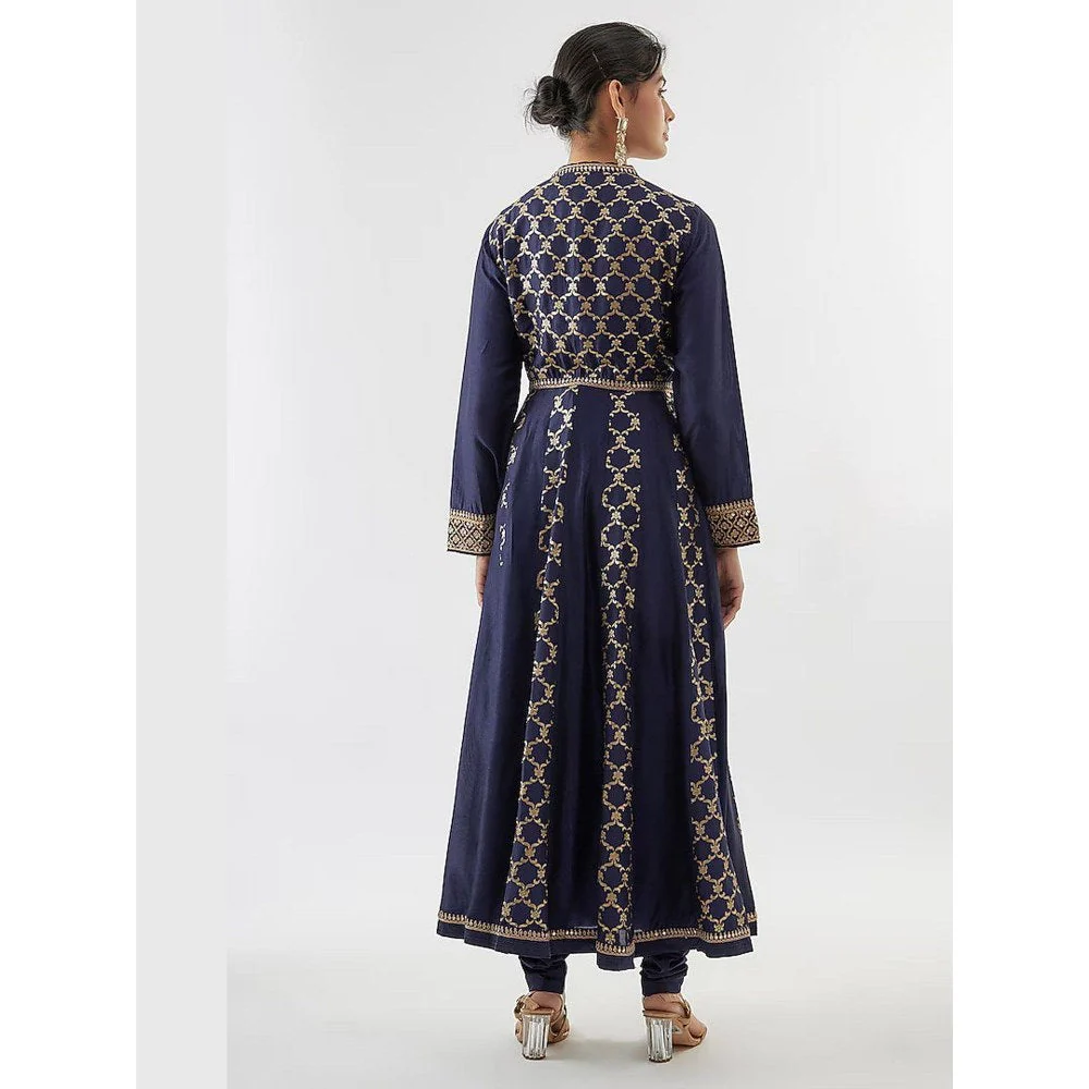 Gopi Vaid Nisha Aggarwal In Marigold Navy Blue Anarkali Kurta with Churidar and Dupatta - Image 2