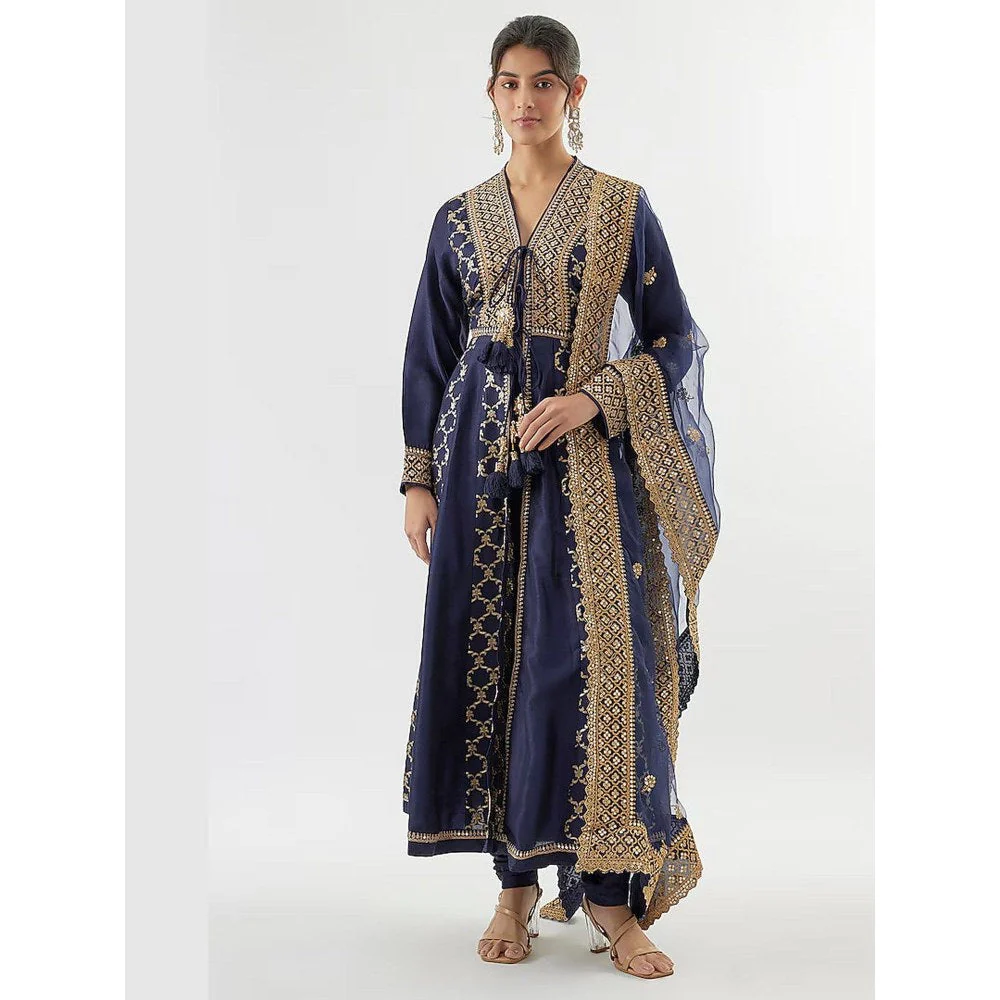 Gopi Vaid Nisha Aggarwal In Marigold Navy Blue Anarkali Kurta with Churidar and Dupatta - Image 4