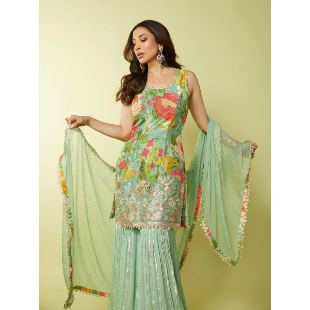 Gopi Vaid Sofina Green Floral Kurta with Sharara and Dupatta - Image 3