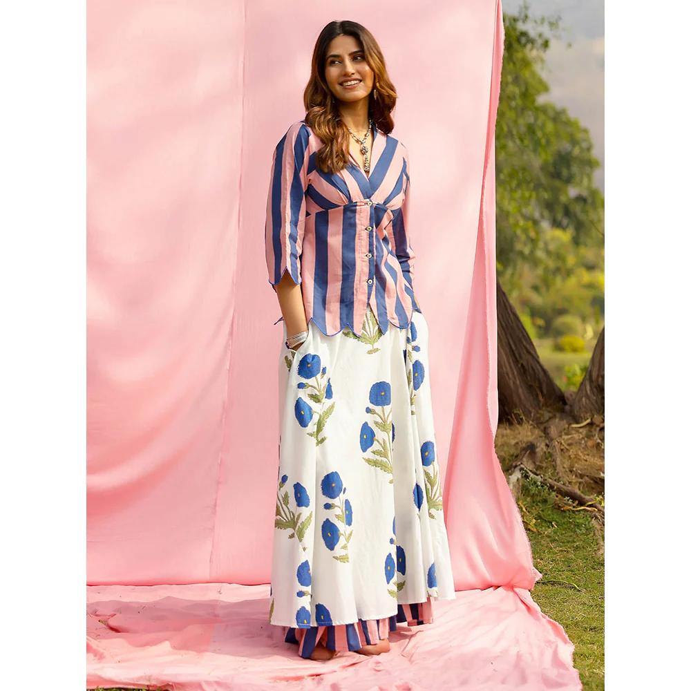 Gulaal Brij Multi-Color Poppy And Stripe Shirt with Lehenga (Set of 2) - Image 6