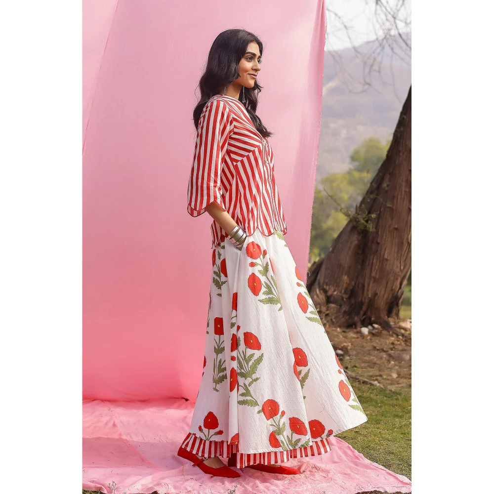 Gulaal Brij Red Poppy And Stripe Shirt with Lehenga (Set of 2) - Image 3