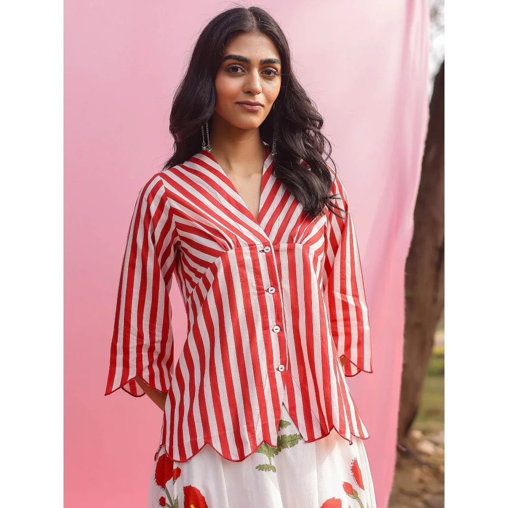 Gulaal Brij Red Poppy And Stripe Shirt with Lehenga (Set of 2) - Image 6