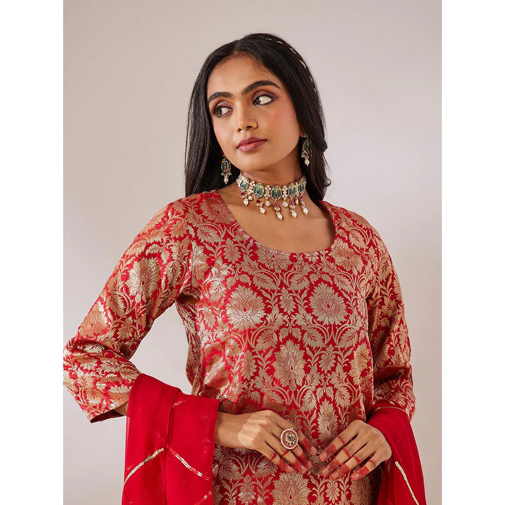 Gulaal Rana Red Banarasi Brocade Straight Kurta with Pant and Dupatta (Set of 3) - Image 4