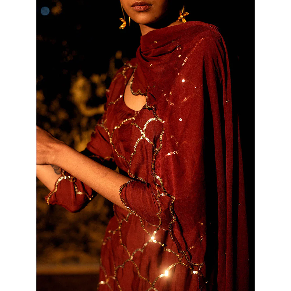 Gulaal Vilasini Sequin Kurta with Sharara & Dupatta Maroon (Set of 3) - Image 4