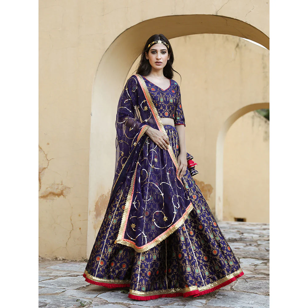 Gulabo Jaipur Aisha Blue Lehenga (Set of 3) - Image 3