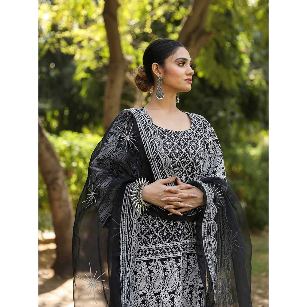 Gulabo Jaipur Black Cotton Kurta With Pant & Organza Dupatta (Set of 3) - Image 5