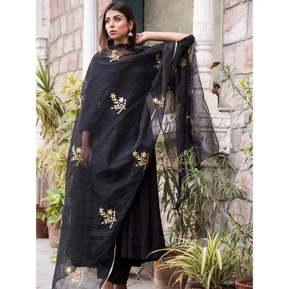Gulabo Jaipur Black Mulmul Kurta With Pant & Organza Golden Detailing Dupatta (Set of 3) - Image 3