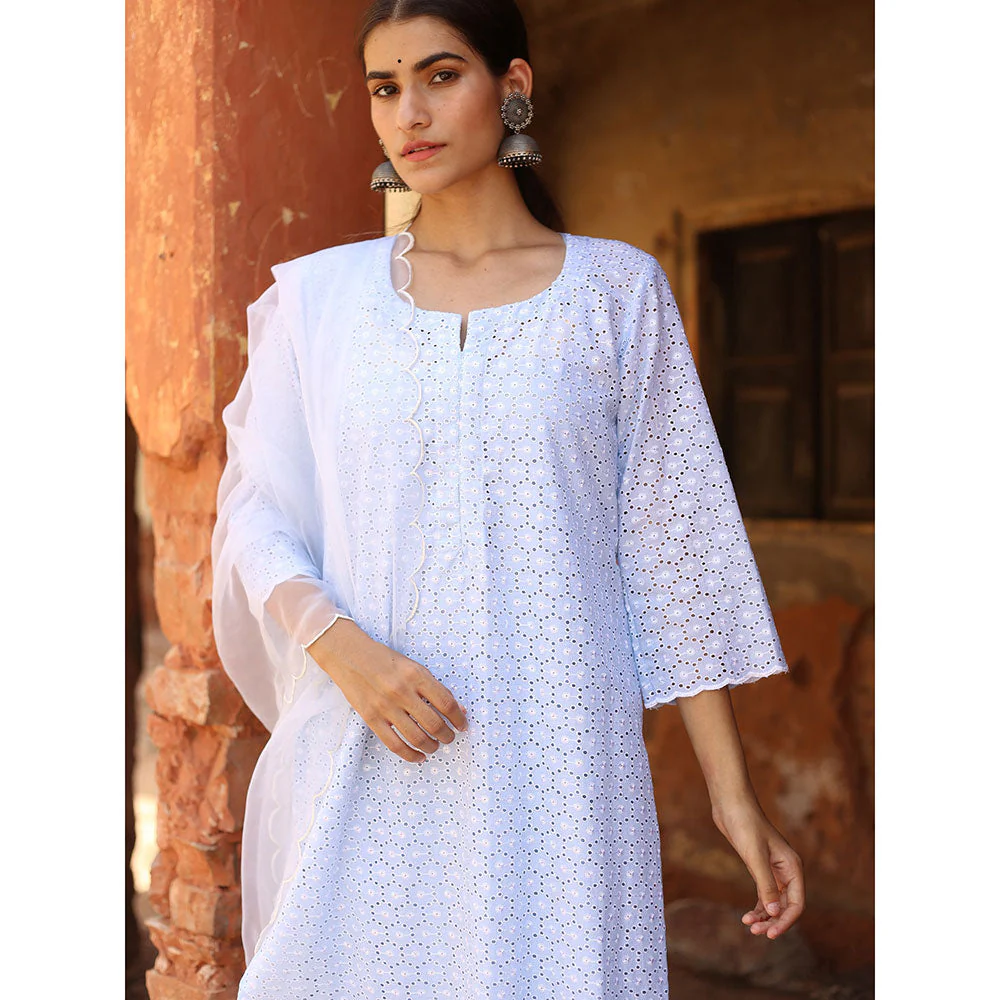 Gulabo Jaipur Blue Chikan Kurta With Pant & Organza Dupatta (Set of 3) - Image 6