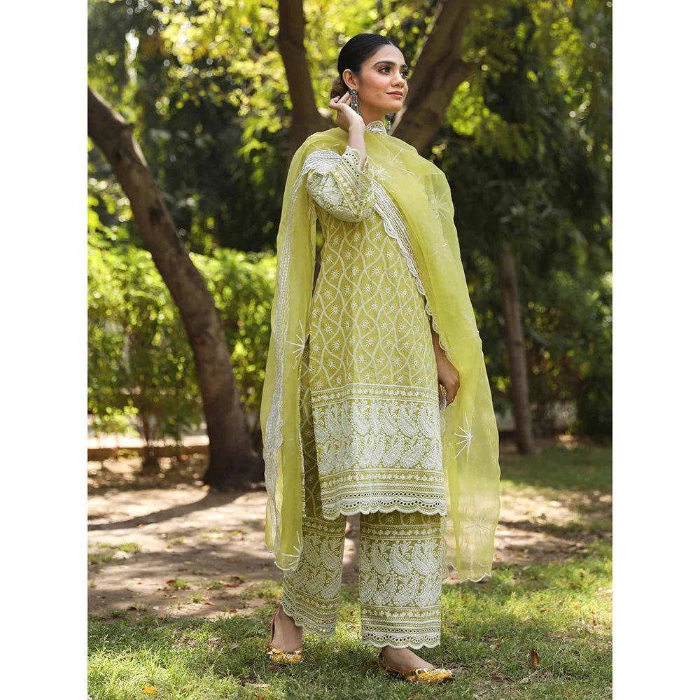 Gulabo Jaipur Green Cotton Kurta With Pant & Organza Dupatta (Set of 3) - Image 2