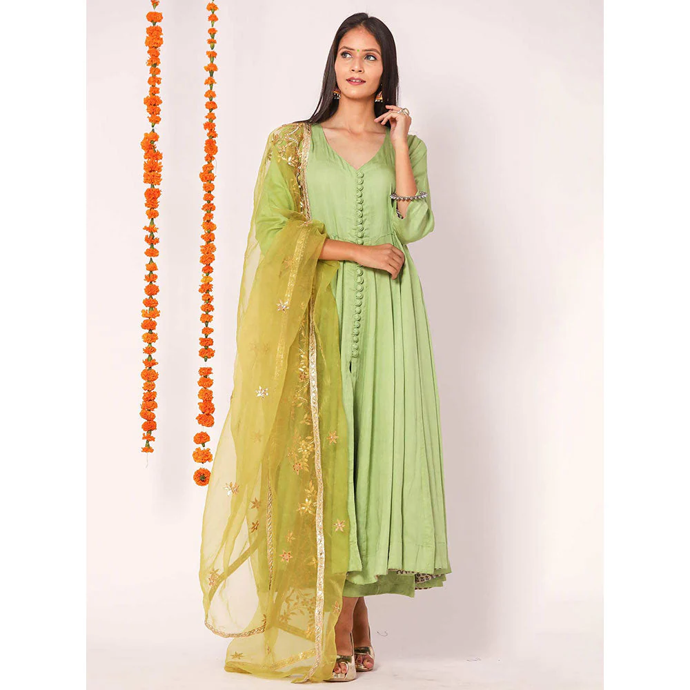Gulabo Jaipur Green Mudaal Kurta With Pant & Organza And Gottapatti Work Dupatta (Set of 3) - Image 7