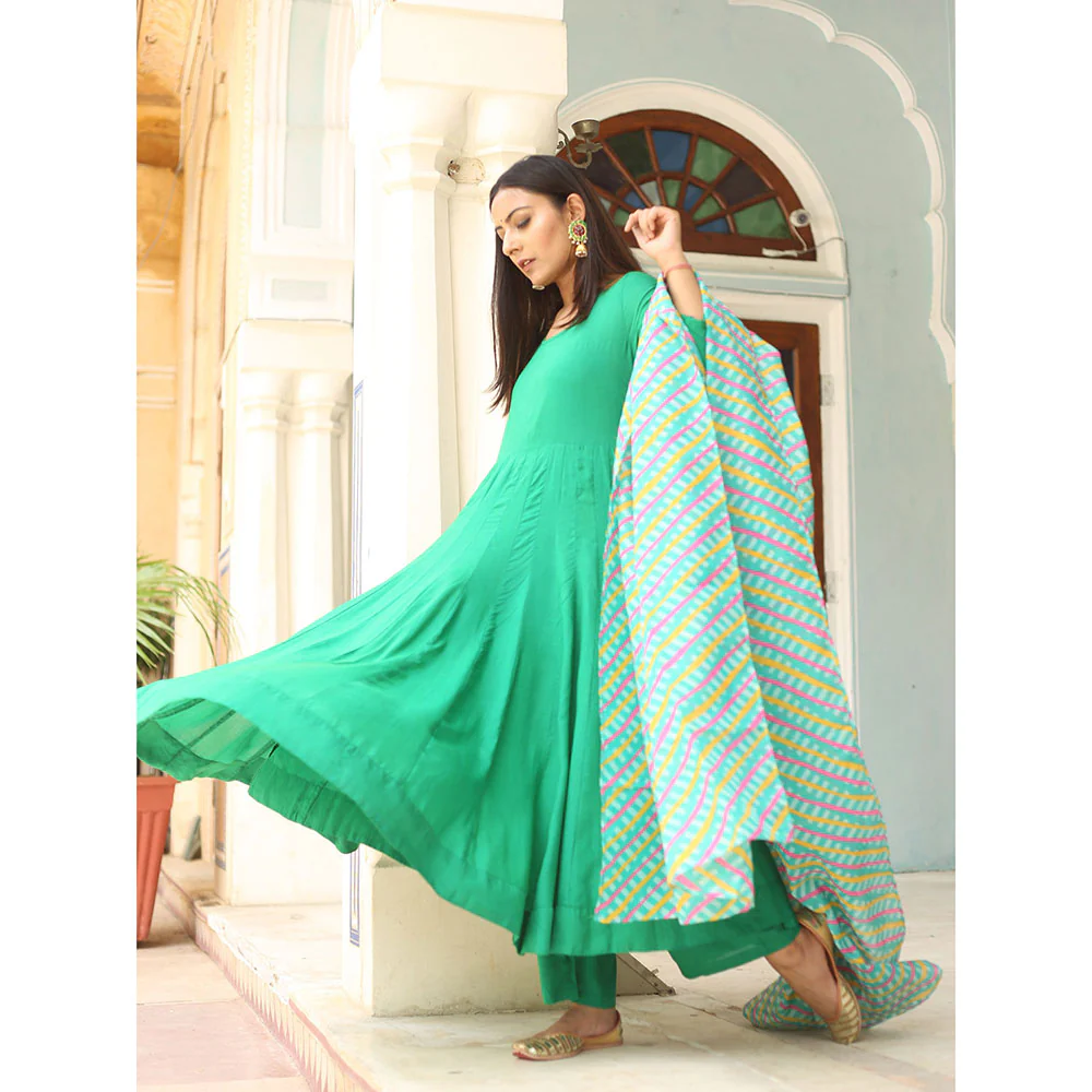 Gulabo Jaipur Green Rangoli Emerald Anarkali With Pant And Dupatta (Set Of 3) - Image 4