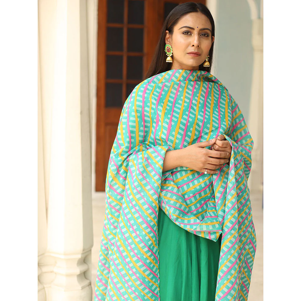 Gulabo Jaipur Green Rangoli Emerald Anarkali With Pant And Dupatta (Set Of 3) - Image 5