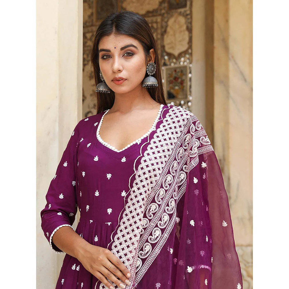 Gulabo Jaipur Hairat Purple Anarkali Kurta And Pant With Dupatta (Set of 3) - Image 6