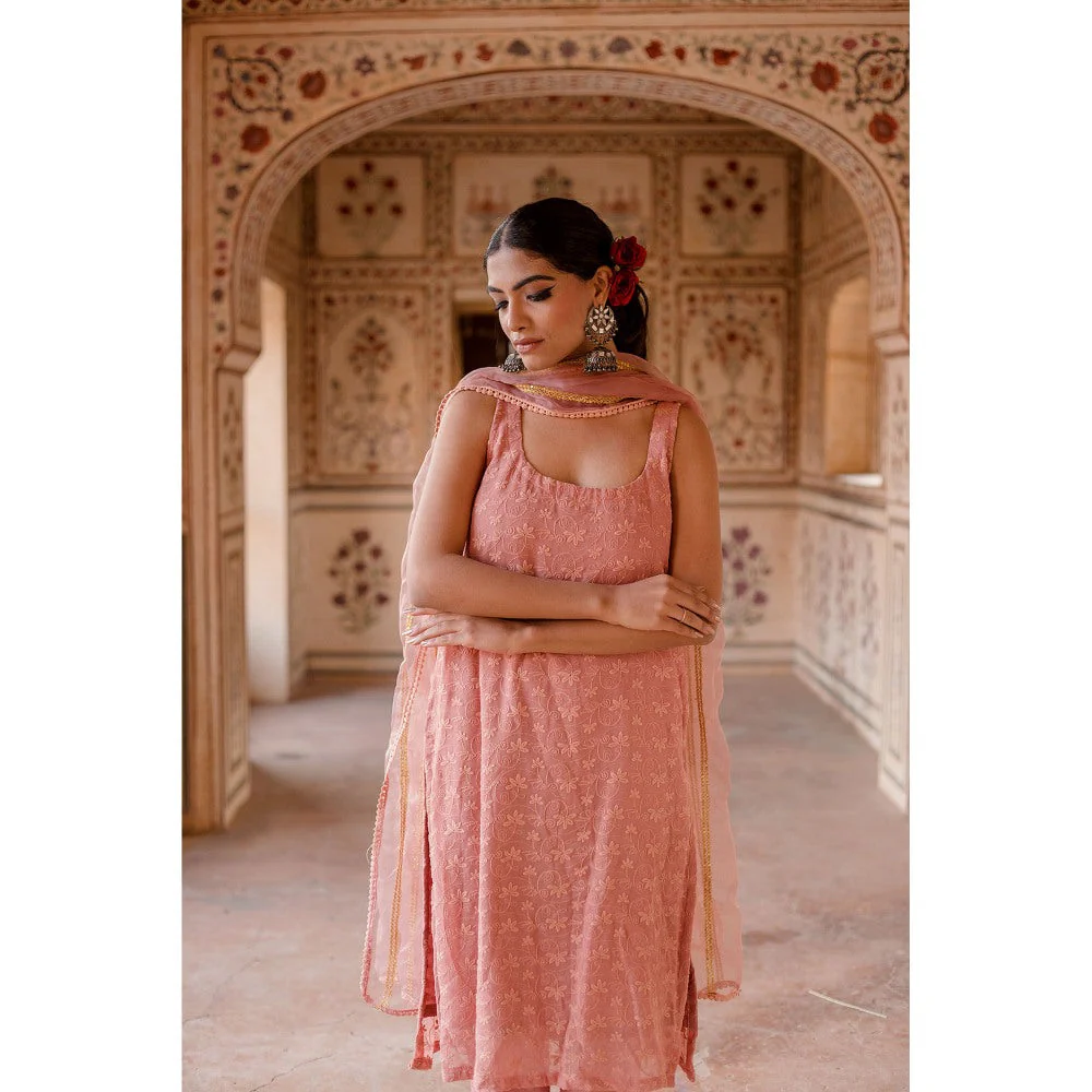 Gulabo Jaipur Imrat Cut Sleeves Pink Straight Kurta with Pants & Dupatta (Set of 3) - Image 4